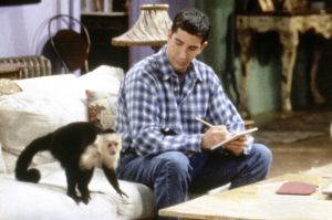 FRIENDS -- "The One with Two Parts: Part 1" Episode 16 -- Air Date 02/23/1995 -- Pictured: (l-r) Katie/Monkey as Marcel, David Schwimmer as Ross Geller, Lisa Kudrow as Phoebe Buffay, Matthew Perry as Chandler Bing Courteney Cox as Monica Geller (Photo by NBC/NBCU Photo Bank via Getty Images)